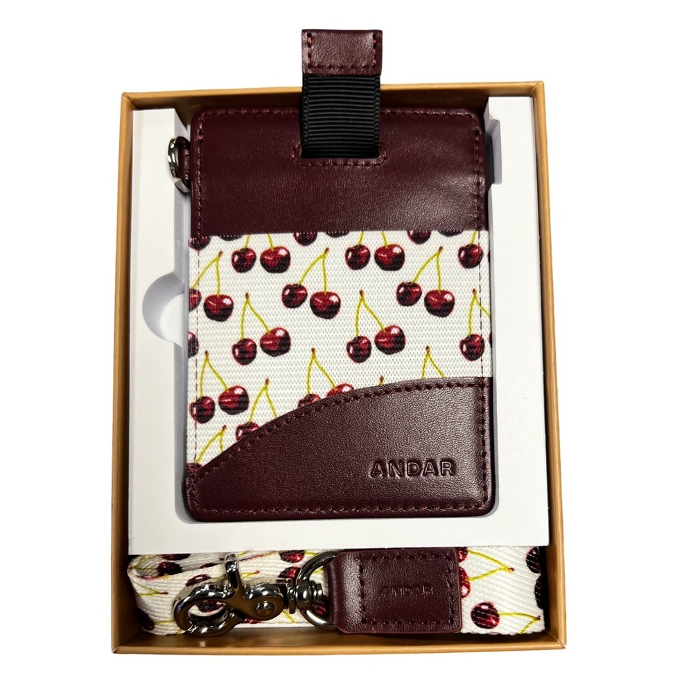 Andar The Ari Wild Cherry Leather Canvas Card Holder Lanyard New